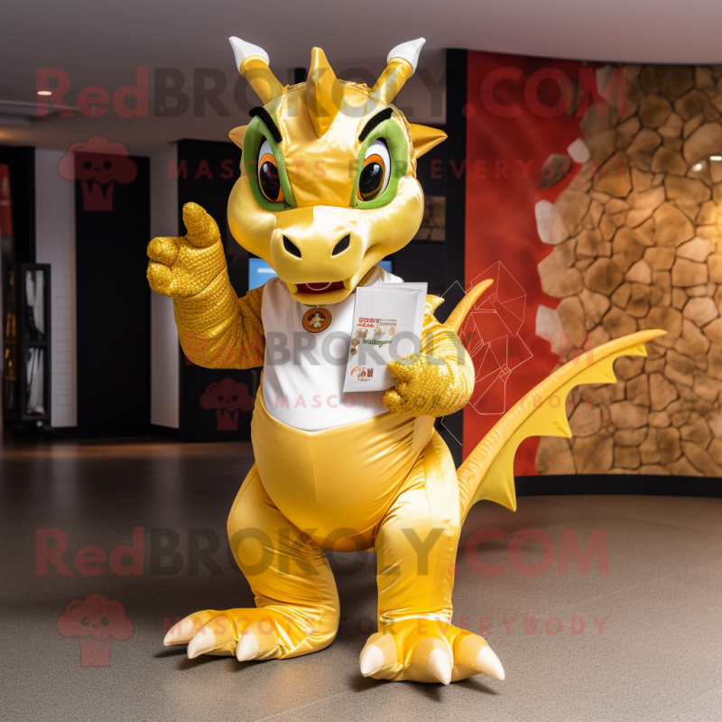 Gold Dragon mascot costume character dressed with a T-Shirt and Tote bags Gold Dragon mascot costume character dressed with a T-Shirt and Tote bags