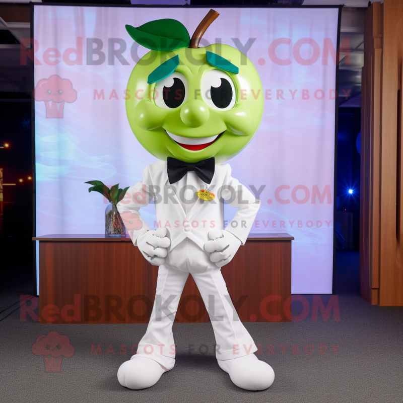 White Apple mascot costume character dressed with a Bootcut Jeans and Bow ties White Apple mascot costume character dressed with a Bootcut Jeans and Bow ties