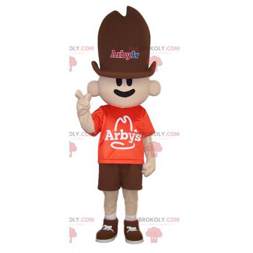Mascotte de petit cowboy avec son chapeau marron -