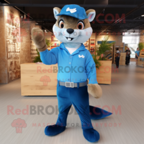 Blue Marten mascot costume character dressed with a Button-Up Shirt and Shoe laces