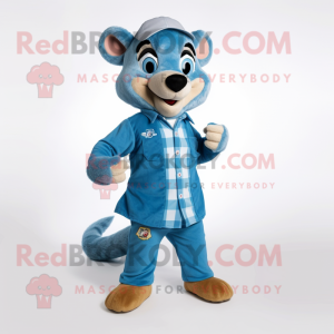 Blue Marten mascot costume character dressed with a Button-Up Shirt and Shoe laces