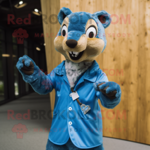Blue Marten mascot costume character dressed with a Button-Up Shirt and Shoe laces