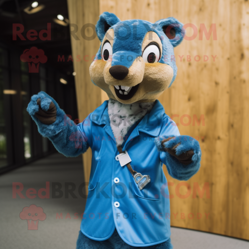 Blue Marten mascot costume character dressed with a Button-Up Shirt and Shoe laces Blue Marten mascot costume character dressed with a Button-Up Shirt and Shoe laces