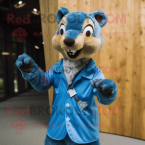 Blue Marten mascot costume character dressed with a Button-Up Shirt and Shoe laces