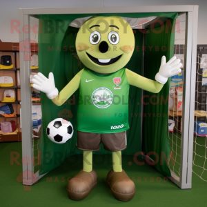 Olive Soccer Goal mascot costume character dressed with a Henley Shirt and Wallets
