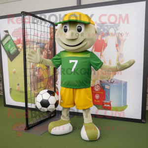 Olive Soccer Goal mascot costume character dressed with a Henley Shirt and Wallets