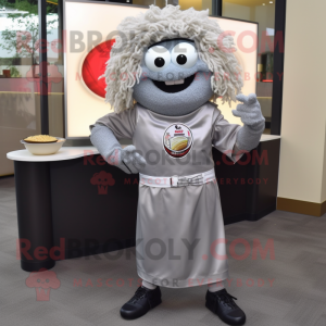 Gray Ramen mascot costume character dressed with a Dress Shirt and Bracelet watches