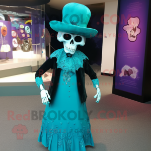 Turquoise Skull mascot costume character dressed with a Evening Gown and Caps