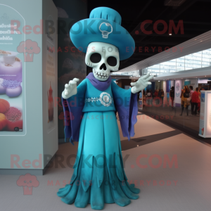 Turquoise Skull mascot costume character dressed with a Evening Gown and Caps