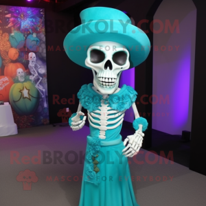 Turquoise Skull mascot costume character dressed with a Evening Gown and Caps