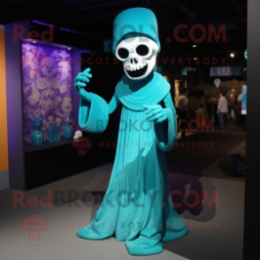 Turquoise Skull mascot costume character dressed with a Evening Gown and Caps