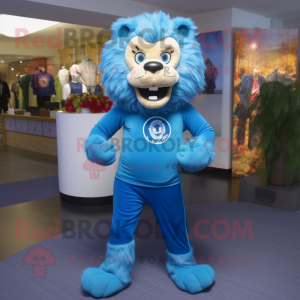 Blue Tamer Lion mascot costume character dressed with a Turtleneck and Shoe laces