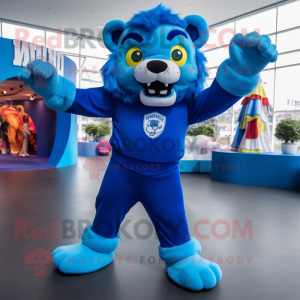 Blue Tamer Lion mascot costume character dressed with a Turtleneck and Shoe laces
