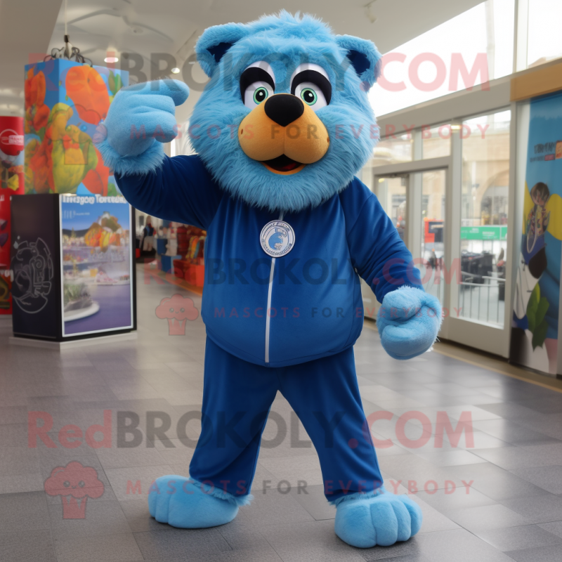 Blue Tamer Lion mascot costume character dressed with a Turtleneck and Shoe laces