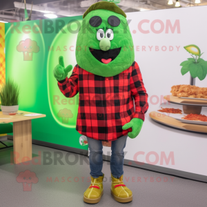 Green Currywurst mascot costume character dressed with a Flannel Shirt and Earrings