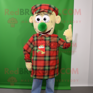 Green Currywurst mascot costume character dressed with a Flannel Shirt and Earrings