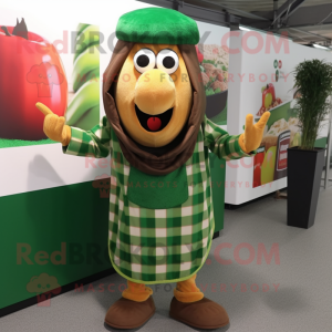 Green Currywurst mascot costume character dressed with a Flannel Shirt and Earrings