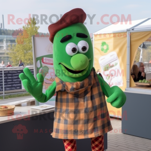 Green Currywurst mascot costume character dressed with a Flannel Shirt and Earrings