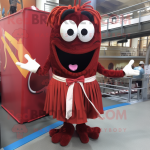 Maroon Spaghetti mascot costume character dressed with a Mini Dress and Bow ties