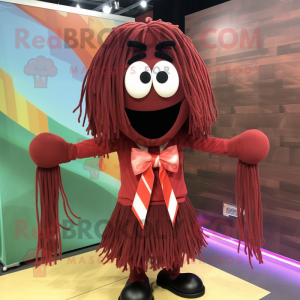 Maroon Spaghetti mascot costume character dressed with a Mini Dress and Bow ties