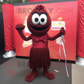 Maroon Spaghetti mascot costume character dressed with a Mini Dress and Bow ties