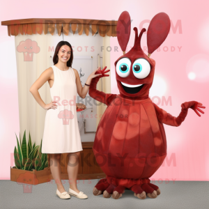 Maroon Shrimp Scampi mascot costume character dressed with a Mini Dress and Earrings