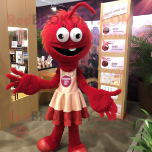 Maroon Shrimp Scampi mascot costume character dressed with a Mini Dress and Earrings