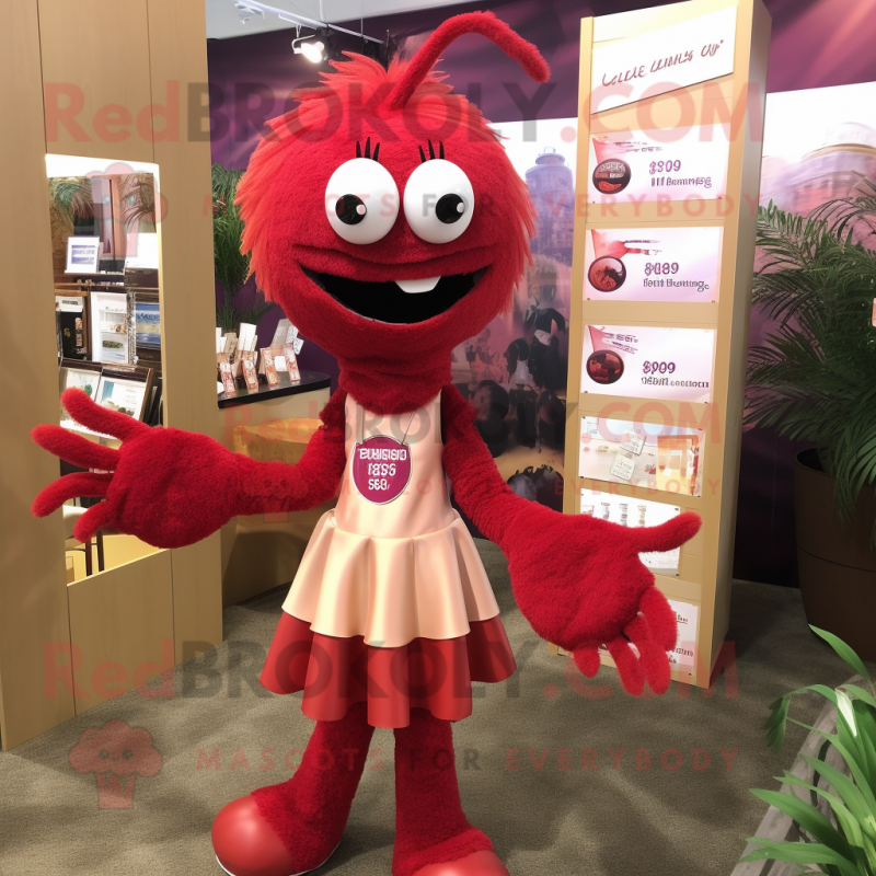Maroon Shrimp Scampi mascot costume character dressed with a Mini Dress and Earrings