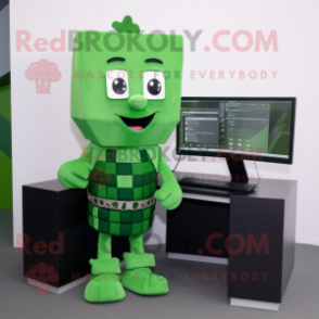 Forest Green Computer mascot costume character dressed with a Vest and Belts