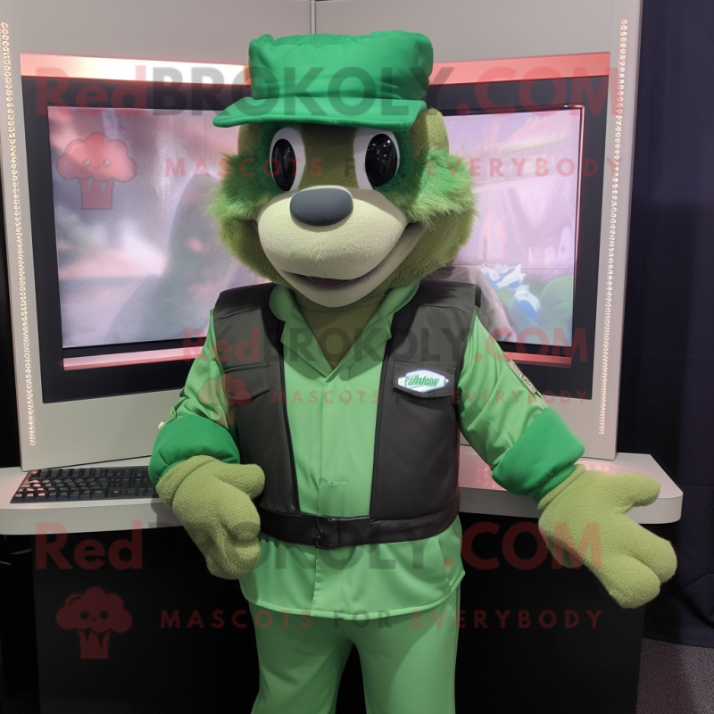 Forest Green Computer mascot costume character dressed with a Vest and Belts