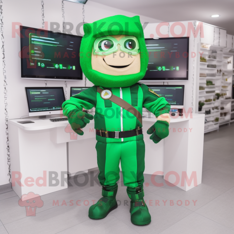 Forest Green Computer mascot costume character dressed with a Vest and Belts