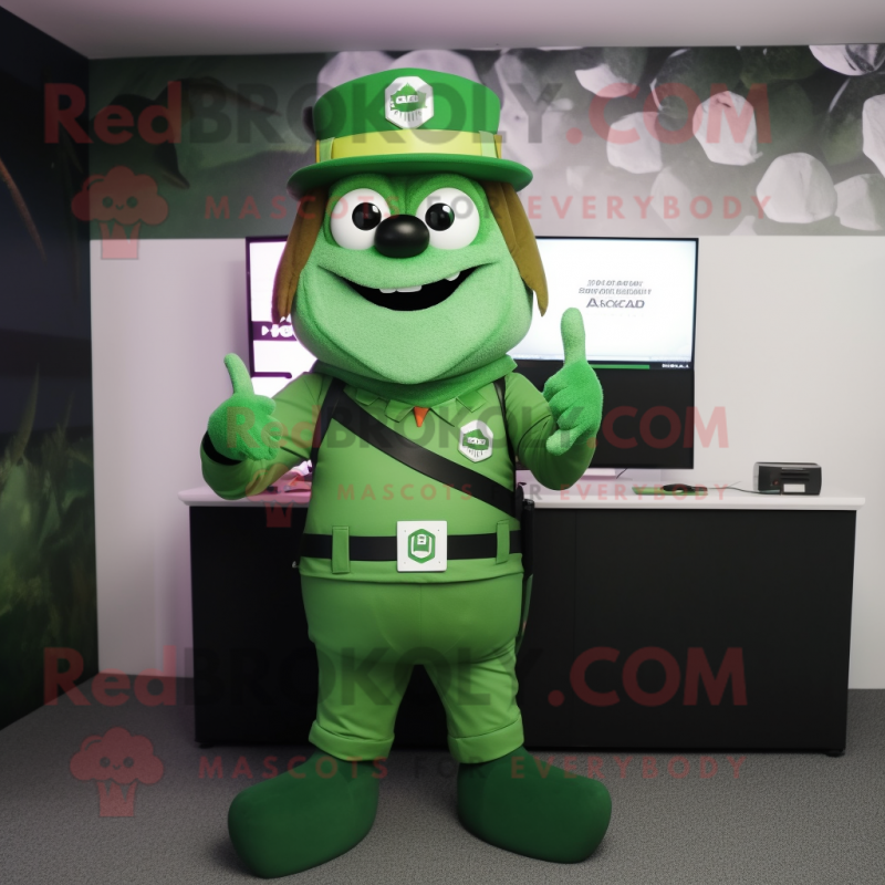 Forest Green Computer mascot costume character dressed with a Vest and Belts