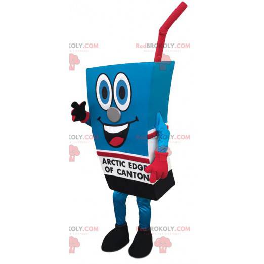 Mascot brick of orange juice colored blue and red -