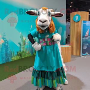 Teal Boer Goat mascot costume character dressed with a Maxi Skirt and Headbands