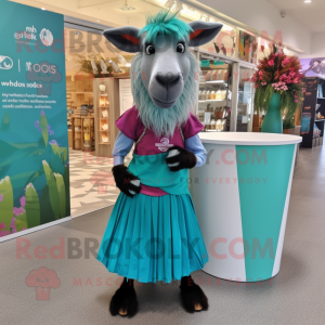 Teal Boer Goat mascot costume character dressed with a Maxi Skirt and Headbands