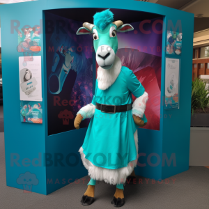 Teal Boer Goat mascot costume character dressed with a Maxi Skirt and Headbands