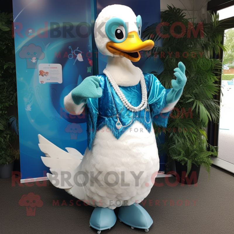 Cyan Swans mascot costume character dressed with a Trousers and Necklaces Cyan Swans mascot costume character dressed with a Trousers and Necklaces