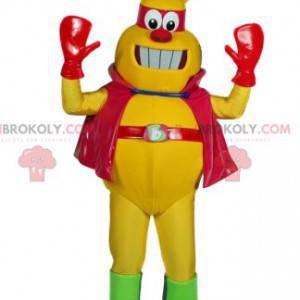 Mascotte d'insecte jaune avec sa cape et son bandeau rouges -