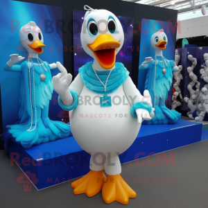Cyan Swans mascot costume character dressed with a Trousers and Necklaces