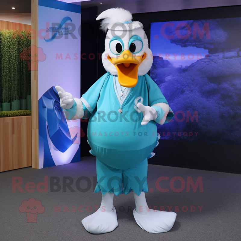 Cyan Swans mascot costume character dressed with a Trousers and Necklaces Cyan Swans mascot costume character dressed with a Trousers and Necklaces