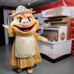 Cream Pulled Pork Sandwich mascot costume character dressed with a A-Line Skirt and Coin purses