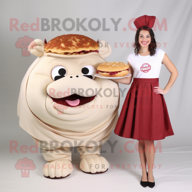 Cream Pulled Pork Sandwich mascot costume character dressed with a A-Line Skirt and Coin purses Cream Pulled Pork Sandwich mascot costume character dressed with a A-Line Skirt and Coin purses