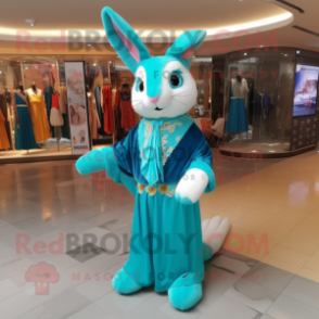 Turquoise Wild Rabbit mascot costume character dressed with a Mini Dress and Scarf clips