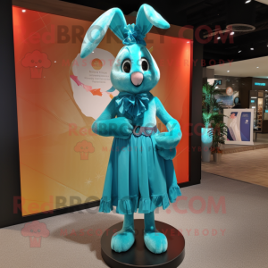 Turquoise Wild Rabbit mascot costume character dressed with a Mini Dress and Scarf clips
