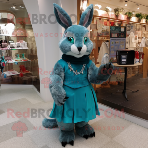 Turquoise Wild Rabbit mascot costume character dressed with a Mini Dress and Scarf clips