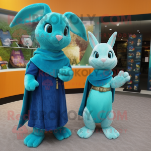 Turquoise Wild Rabbit mascot costume character dressed with a Mini Dress and Scarf clips