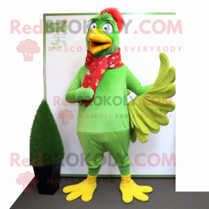 Lime Green Rooster mascot costume character dressed with a Trousers and Scarves