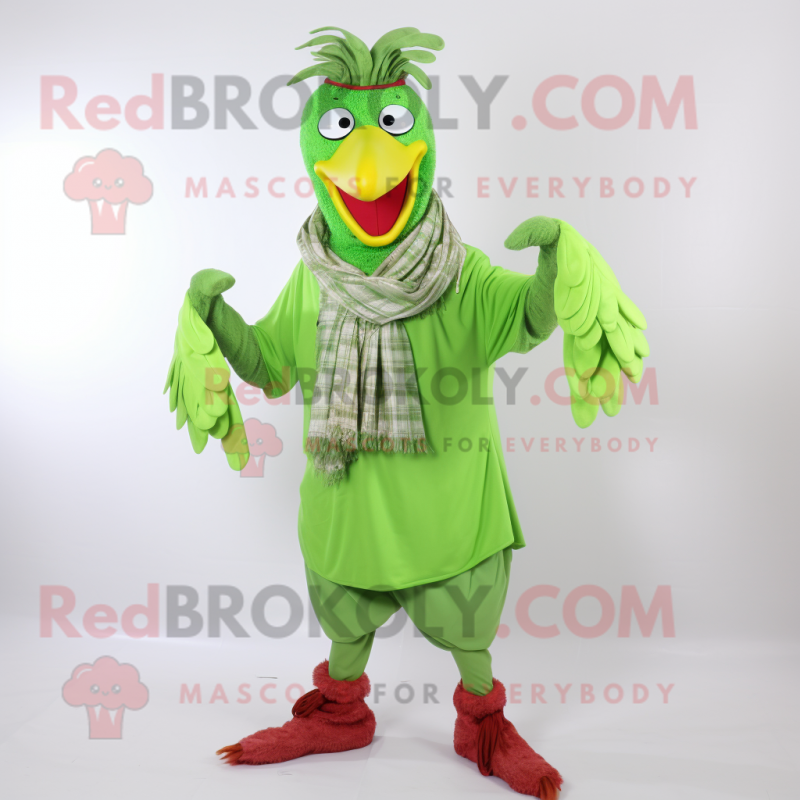 Lime Green Rooster mascot costume character dressed with a Trousers and Scarves Lime Green Rooster mascot costume character dressed with a Trousers and Scarves