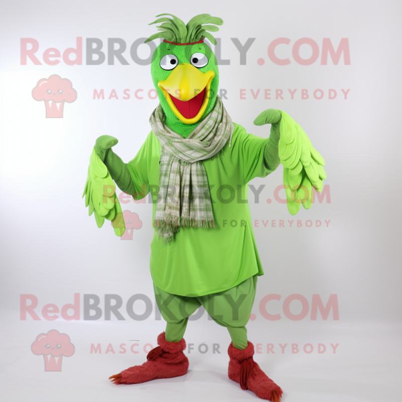 Lime Green Rooster mascot costume character dressed with a Trousers and Scarves