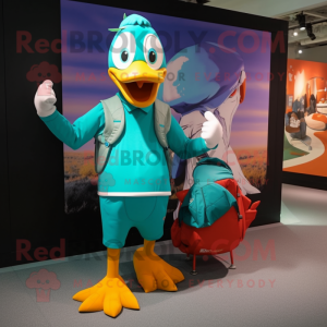 Turquoise Geese mascot costume character dressed with a Running Shorts and Handbags